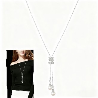 Spiral Pearl Pendant Long Necklace Crystal Accent